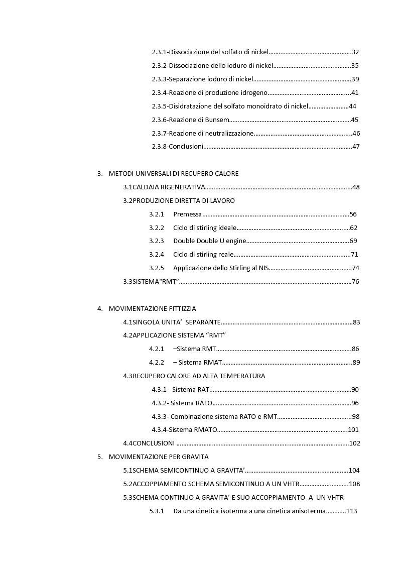 Indice della tesi: Ingegnerizzazione di uno nuovo ciclo di scissione termochimica dell'acqua, Pagina 2