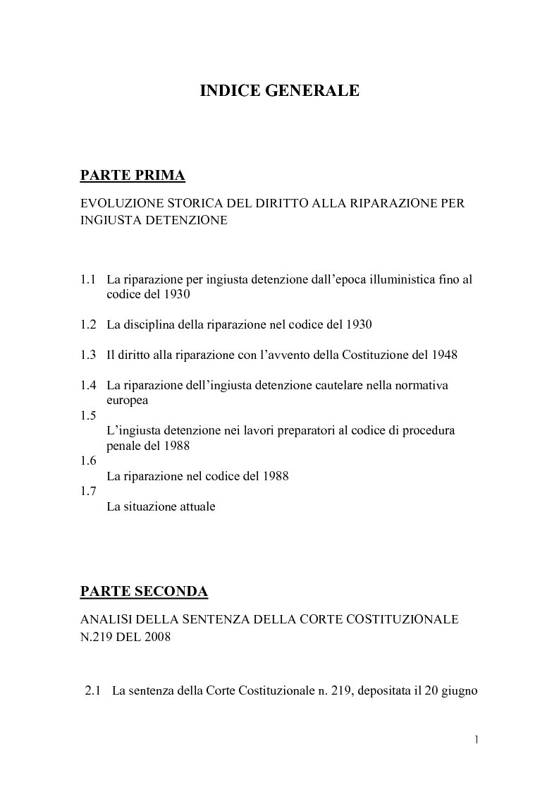 Indice della tesi: La riparazione per ingiusta detenzione alla luce della sentenza della corte costionale n.219 del 2008, Pagina 1