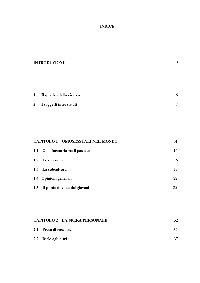 Indice della tesi: Modelli di amore e nuove forme di vita: il caso dell'omosessualità, Pagina 1
