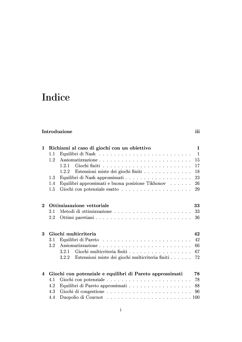 Indice della tesi: Giochi non cooperativi con più obiettivi, Pagina 1
