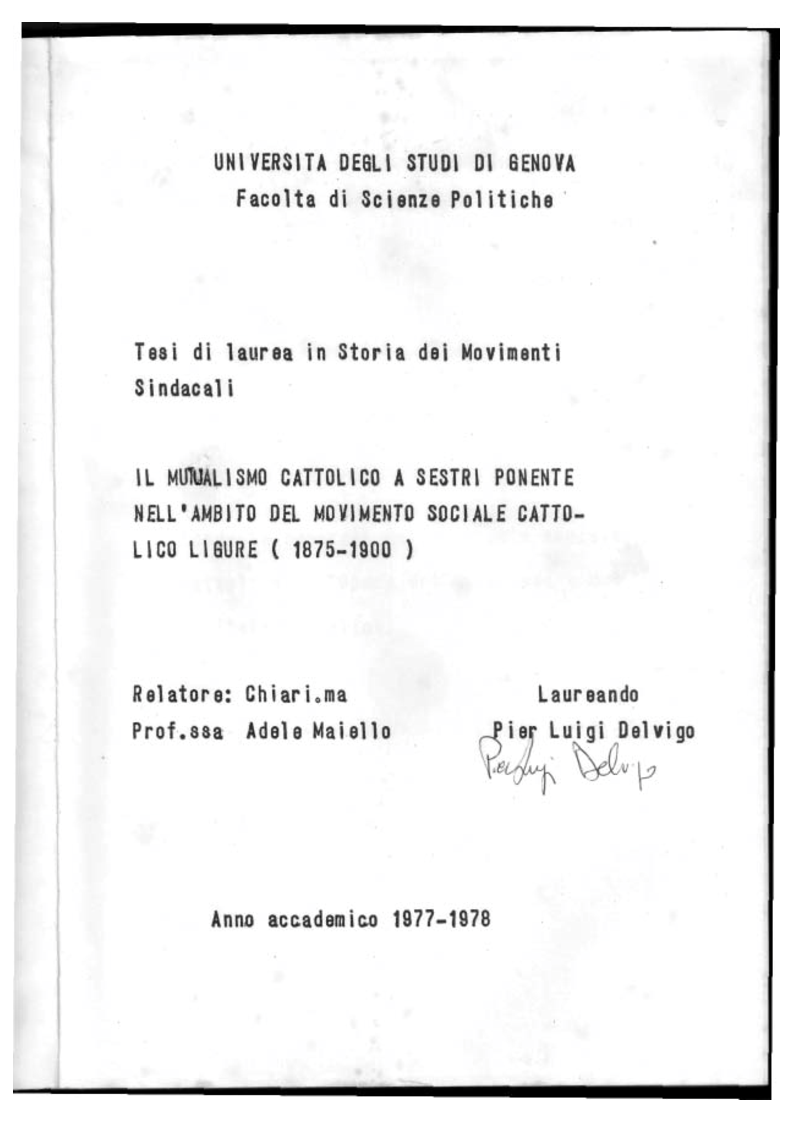 Anteprima della tesi: Il Mutualismo Cattolico a Sestri Ponente nell'ambito del Movimento Sociale Cattolico Ligure (1875-1900), Pagina 1