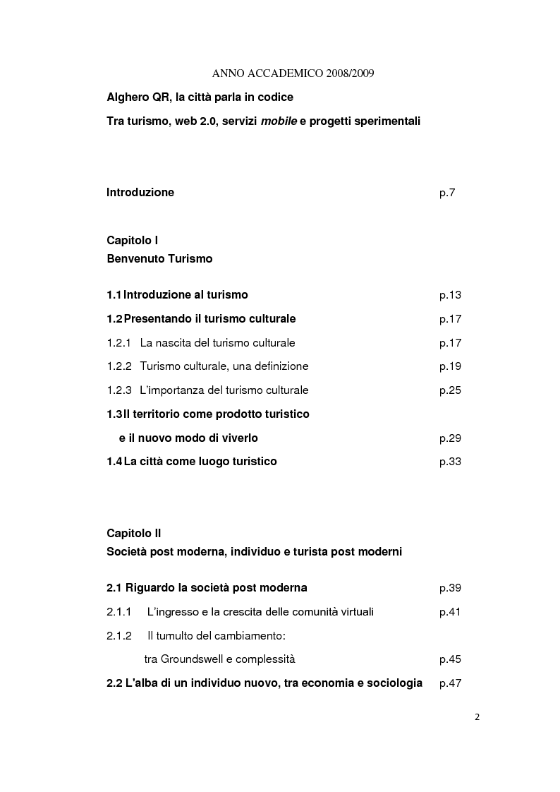 Indice della tesi: Alghero QR - La città parla in codice. Tra turismo, web 2.0, servizi mobile e progetti sperimentali., Pagina 1
