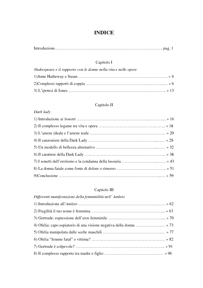 Indice della tesi: La metamorfosi della femminilità nei Sonetti, nell’Amleto e nel Macbeth di William Shakespeare, Pagina 1