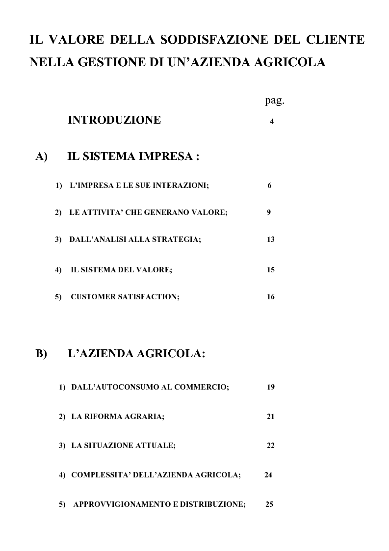 Indice della tesi: Il valore della soddisfazione del cliente nella gestione di un’azienda agricola, Pagina 1