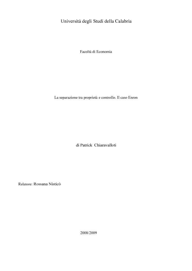 Anteprima della tesi: La separazione tra proprietà e controllo. Il caso Enron., Pagina 1