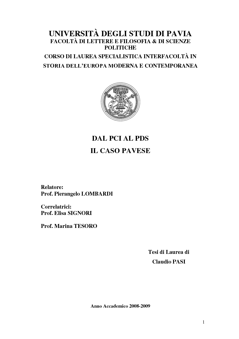 Anteprima della tesi: Dal PCI al PDS. Il caso pavese, Pagina 1