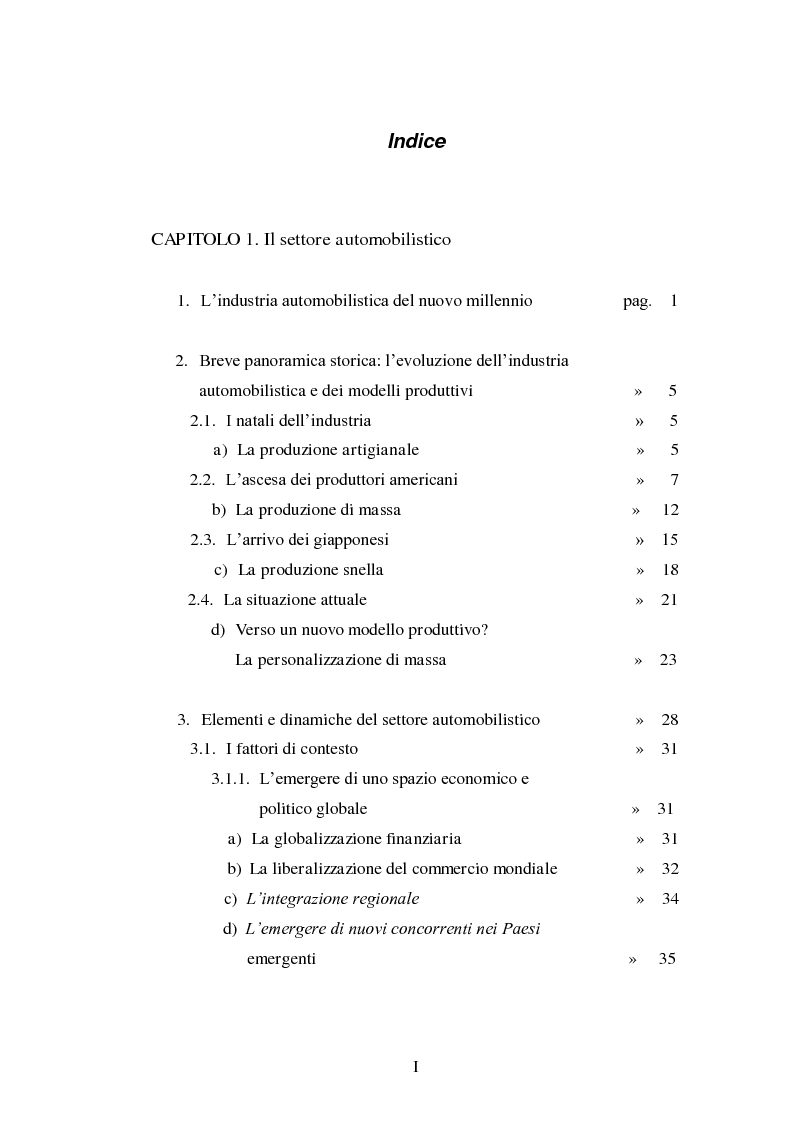 Indice della tesi: Le strategie di internazionalizzazione nel settore della componentistica auto: il caso Brembo, Pagina 1