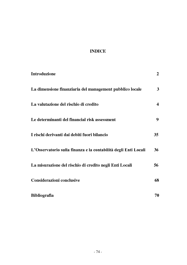 Indice della tesi: La misurazione del rischio finanziario degli enti locali, Pagina 1