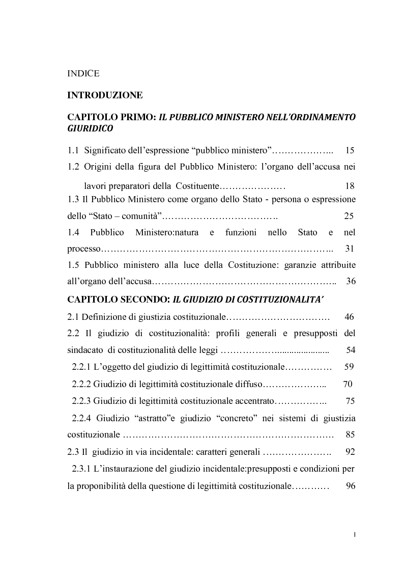 Indice della tesi: Il Pubblico Ministero nel giudizio di costituzionalità, Pagina 1