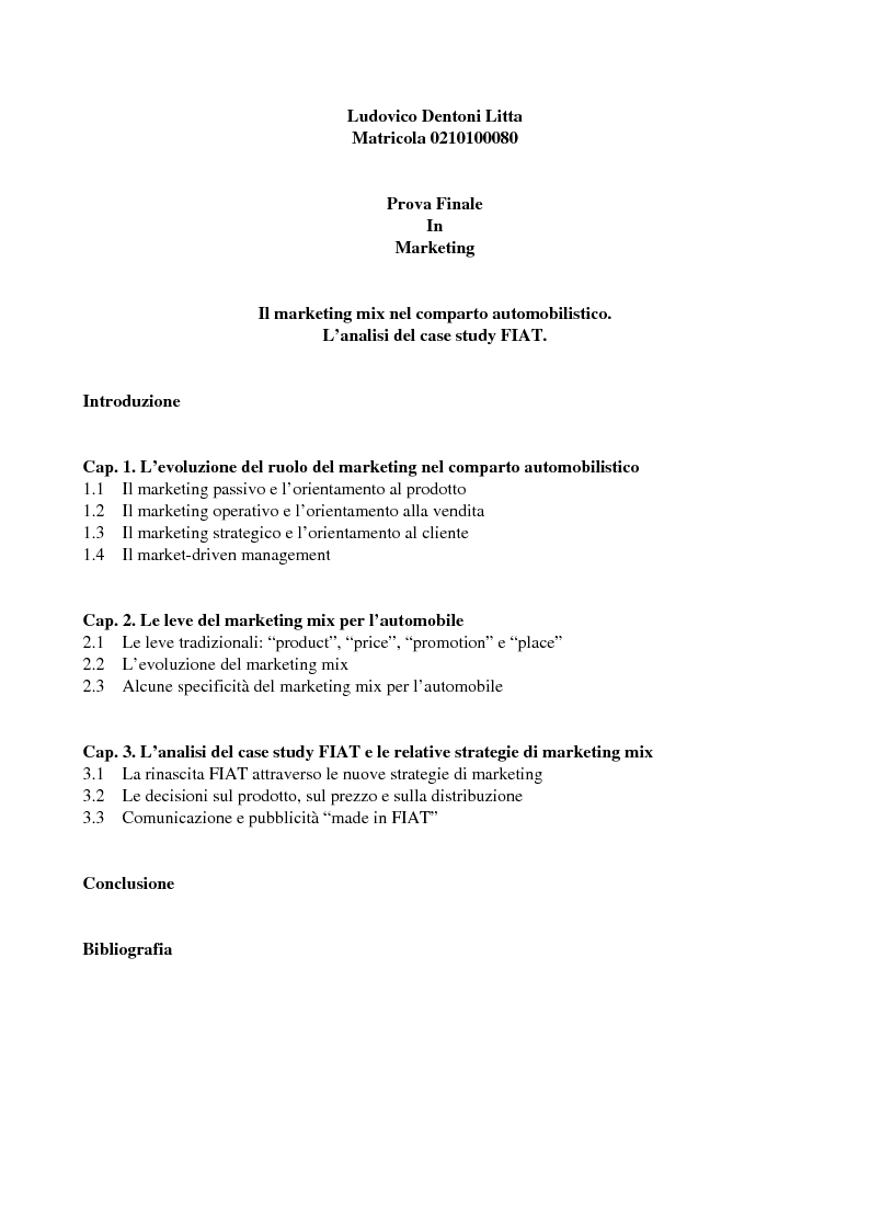 Indice della tesi: Il marketing mix nel comparto automobilistico. L'analisi del case study Fiat., Pagina 1