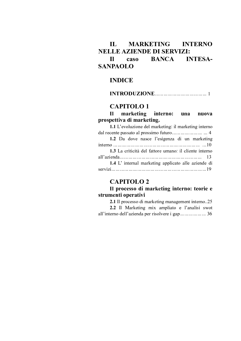 Indice della tesi: Il marketing interno nelle aziende di servizi: il caso Banca Intesa-Sanpaolo, Pagina 1