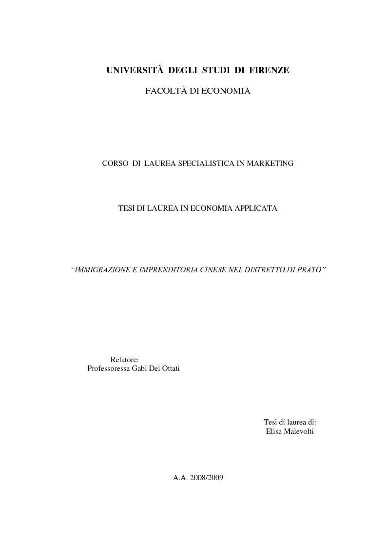 Anteprima della tesi: Immigrazione e imprenditoria cinese nel distretto di Prato, Pagina 1