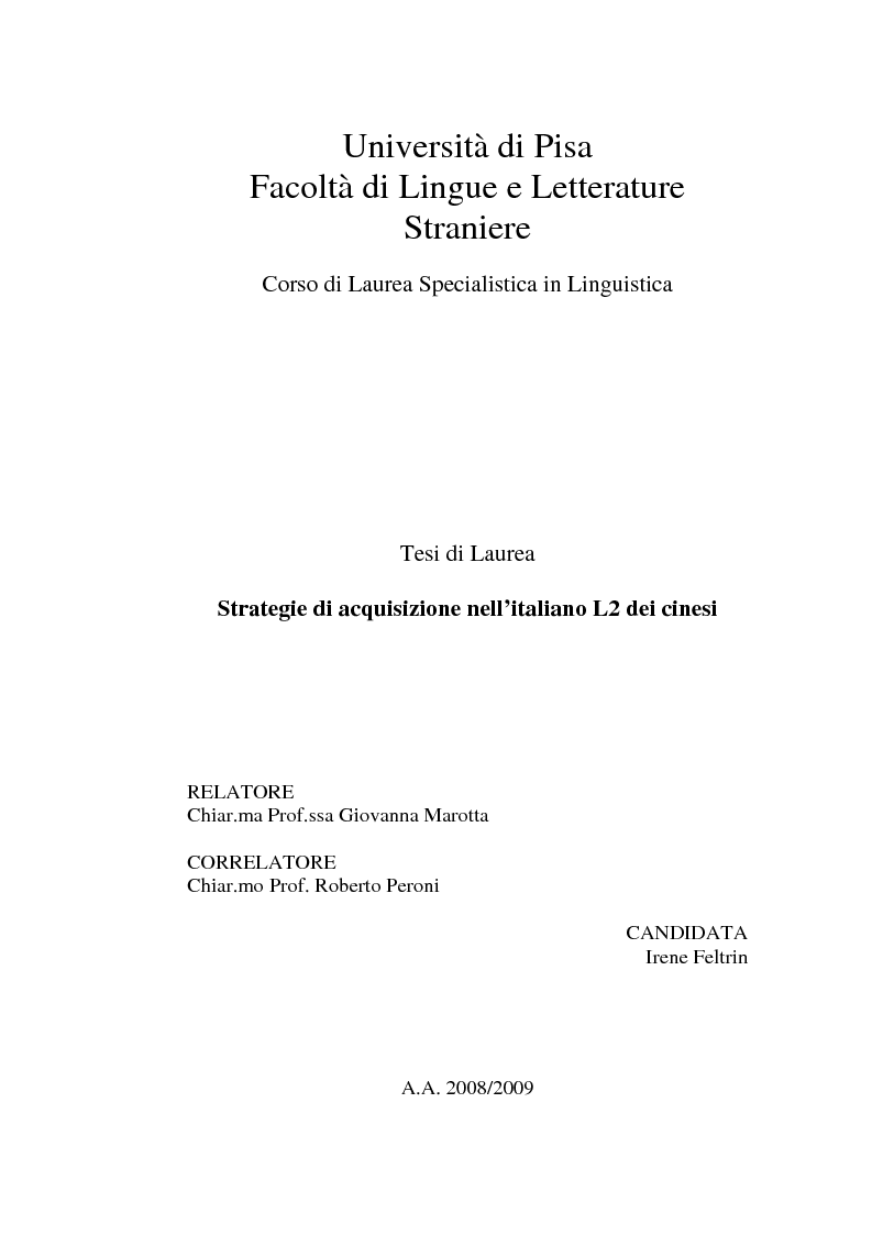 Anteprima della tesi: Strategie di acquisizione nell'italiano dei cinesi, Pagina 1