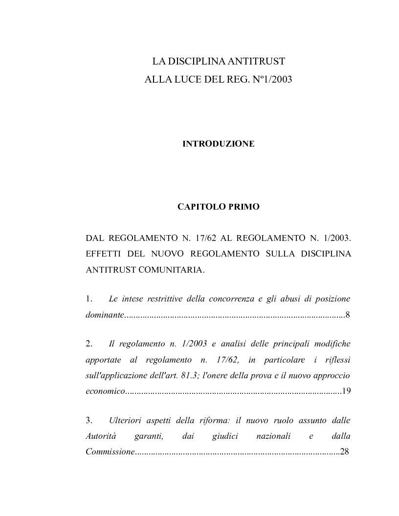 Indice della tesi: La disciplina antitrust alla luce del regolamento n. 1/2003, Pagina 1