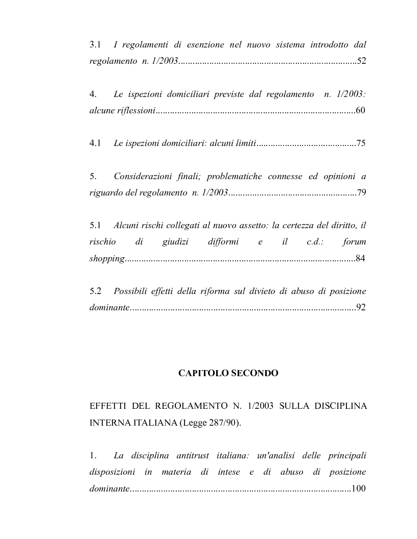 Indice della tesi: La disciplina antitrust alla luce del regolamento n. 1/2003, Pagina 2