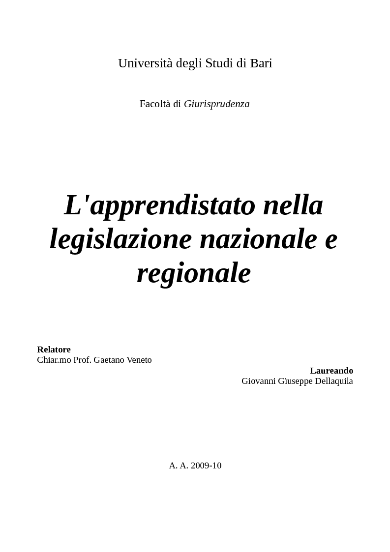 Anteprima della tesi: L'apprendistato nella legislazione nazionale e regionale, Pagina 1