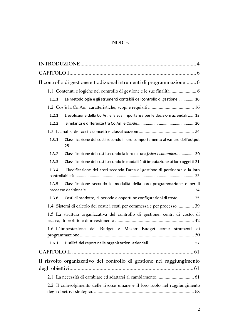 Indice della tesi: Il controllo di gestione e la misurazione della performance a supporto del cambiamento aziendale: dall'individuazione di problematiche alla ricerca di soluzioni, Pagina 1