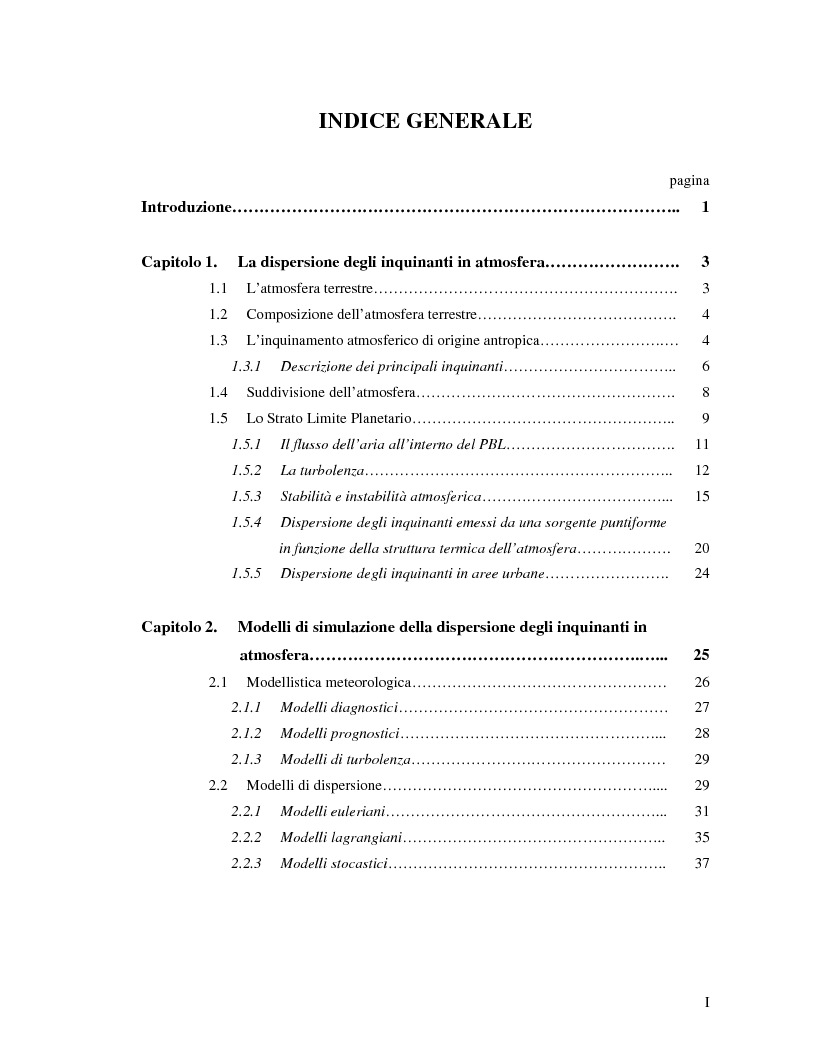 Indice della tesi: Utilizzo operativo di modelli numerici per la valutazione dell'inquinamento atmosferico e l'elaborazione di un indice di qualità dell'aria, Pagina 1