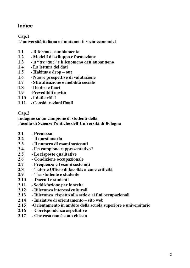 Indice della tesi: L'abbandono universitario: una indagine su un campione di studenti di Scienze Politiche, Pagina 1