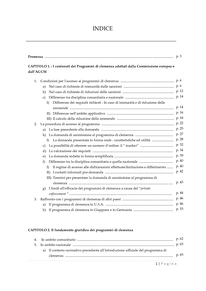 Indice della tesi: La clemenza dell'autorità antitrust nei confronti delle imprese, Pagina 1
