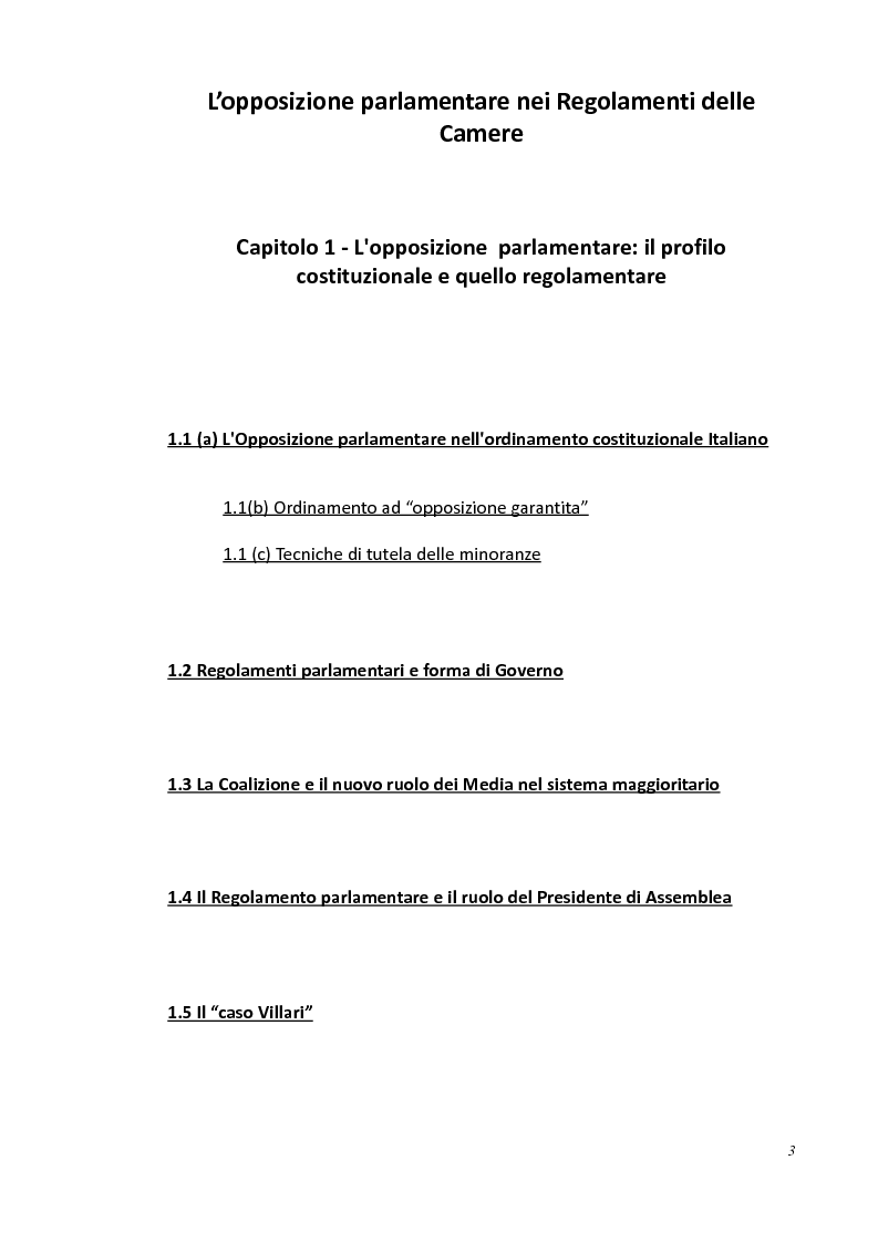 Indice della tesi: L'opposizione parlamentare nei Regolamenti delle Camere, Pagina 1