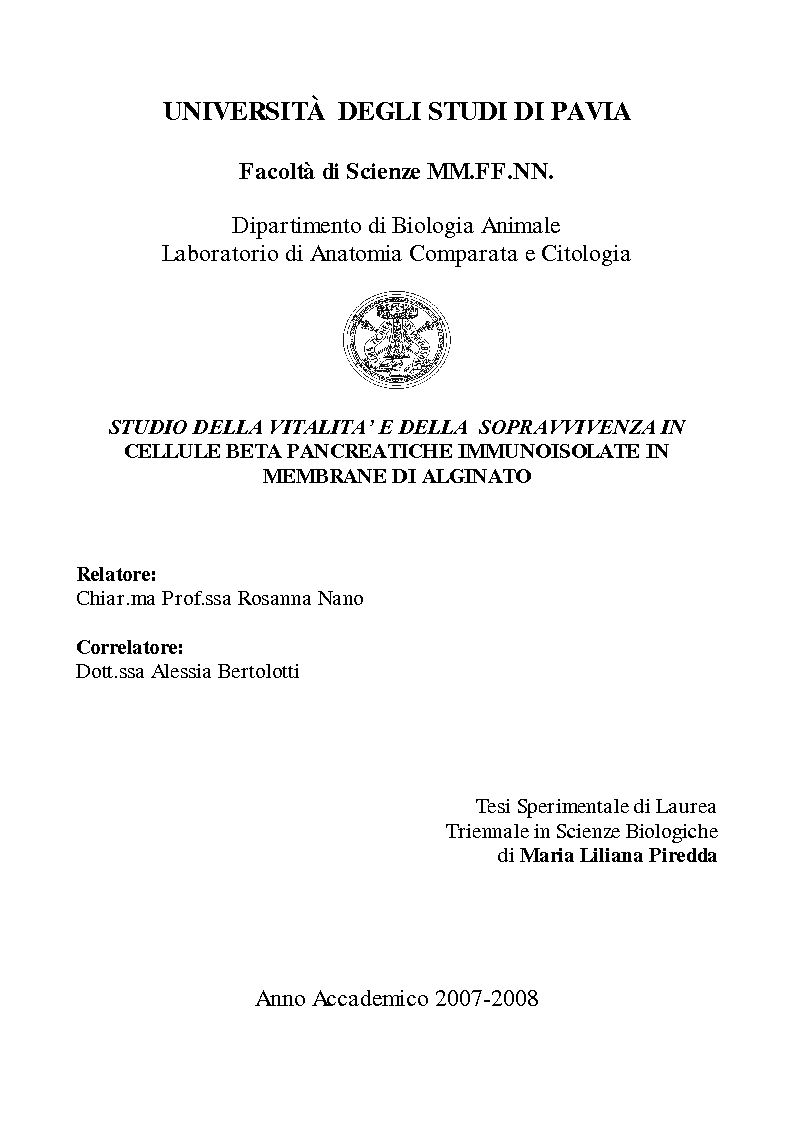 Anteprima della tesi: Studio della vitalità e della sopravvivenza cellulare in cellule beta pancreatiche immunoisolate in membrane di alginato, Pagina 1