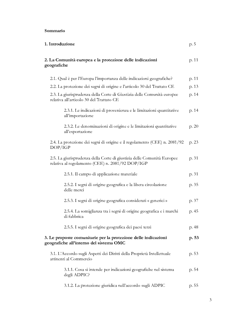 Indice della tesi: Denominazioni di origine e indicazioni geografiche: la protezione della proprietà intellettuale all'interno dell'Unione Europea e dell'Organizzazione Mondiale del Commercio, Pagina 1
