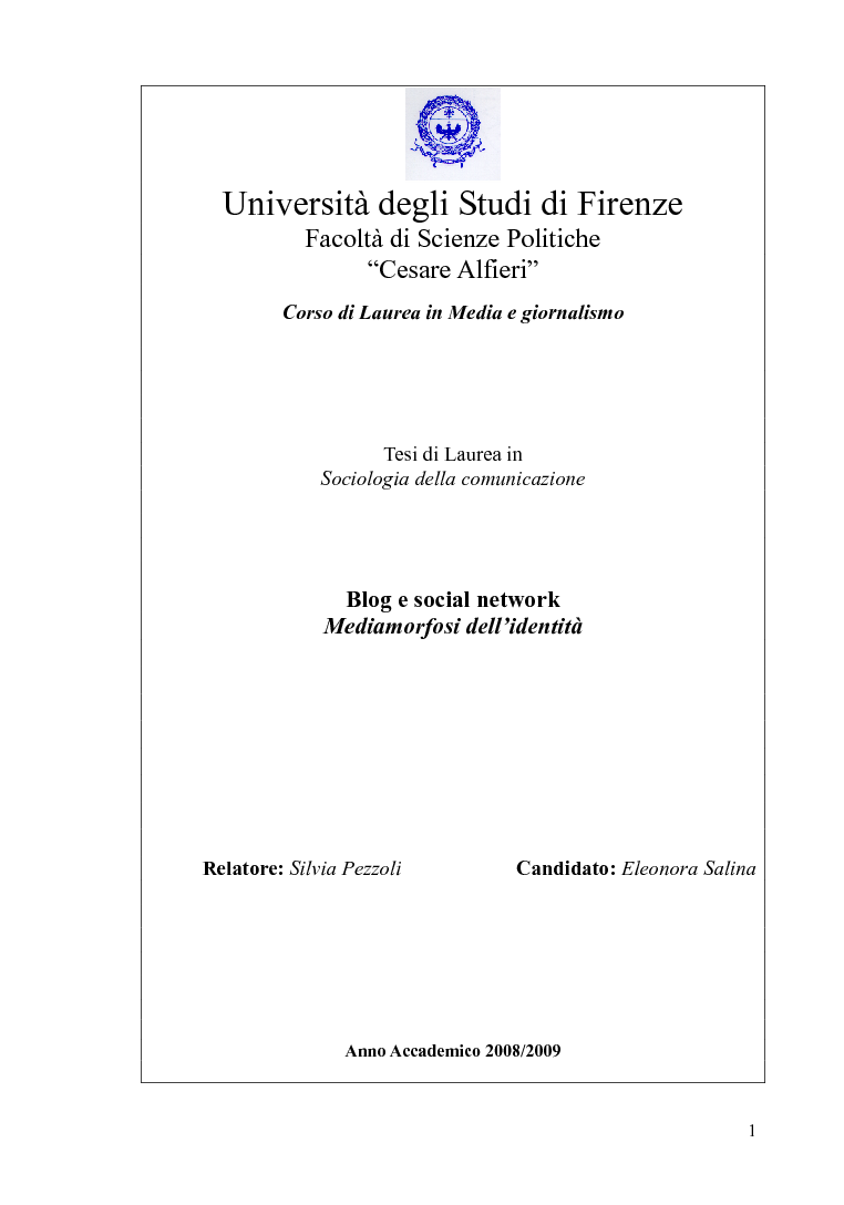 Anteprima della tesi: Blog e social network - Mediamorfosi dell'identità, Pagina 1