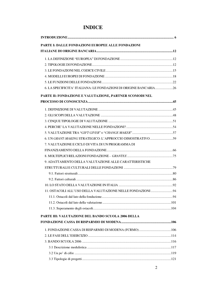 Indice della tesi: Il bando scuola 2006 della Fondazione Cassa di Risparmio di Modena: un esercizio di valutazione, Pagina 1