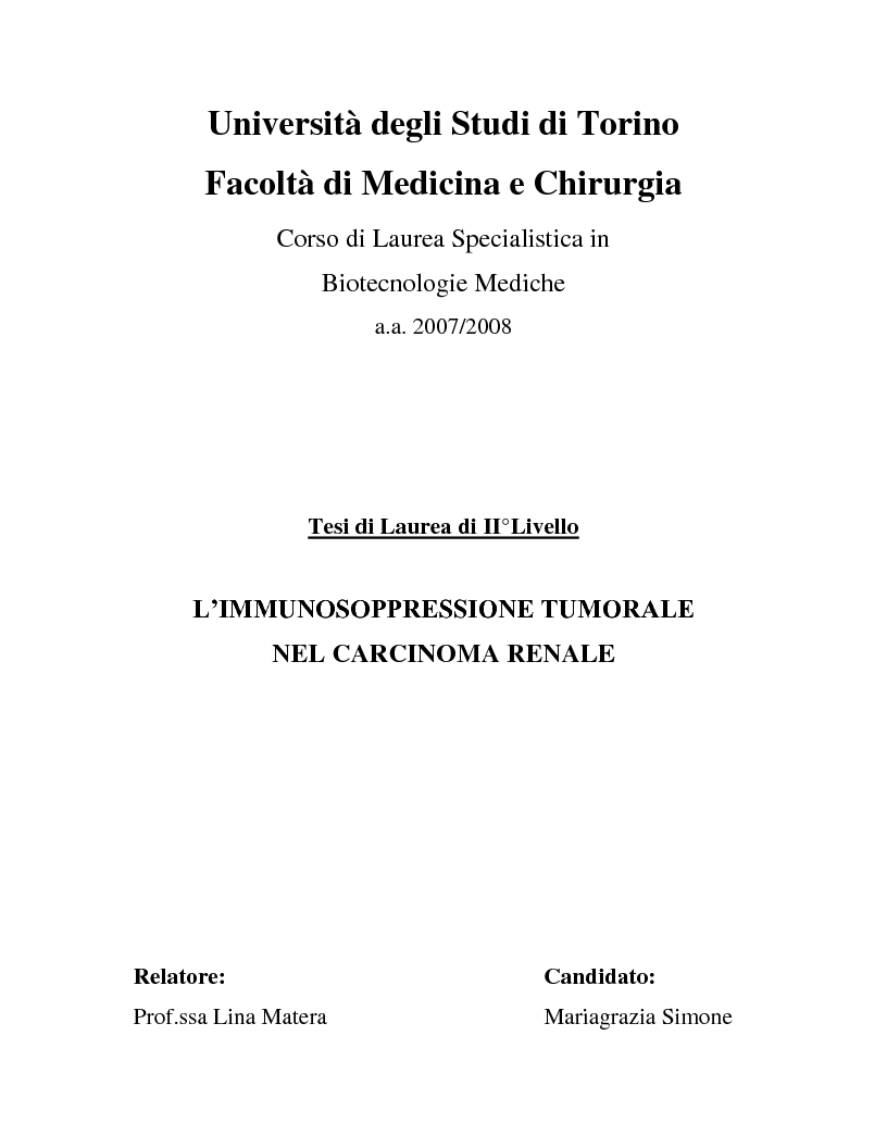 Anteprima della tesi: L'immunosoppressione tumorale nel carcinoma renale, Pagina 1