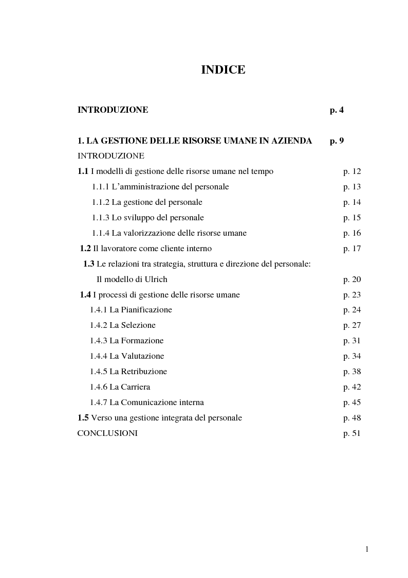 Indice della tesi: Gestione delle risorse umane in azienda e Management multiculturale, Pagina 1