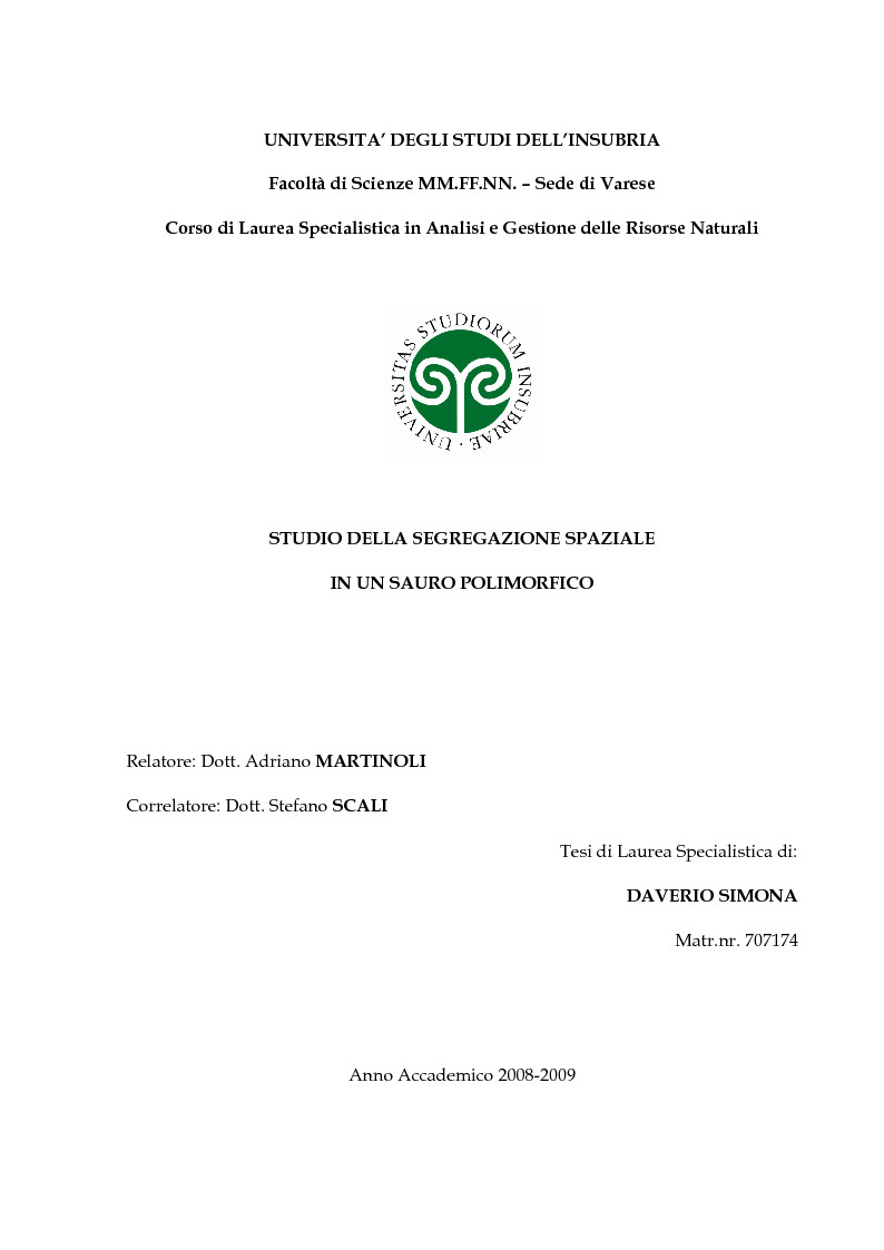 Anteprima della tesi: Studio della segregazione spaziale in un sauro polimorfico, Pagina 1
