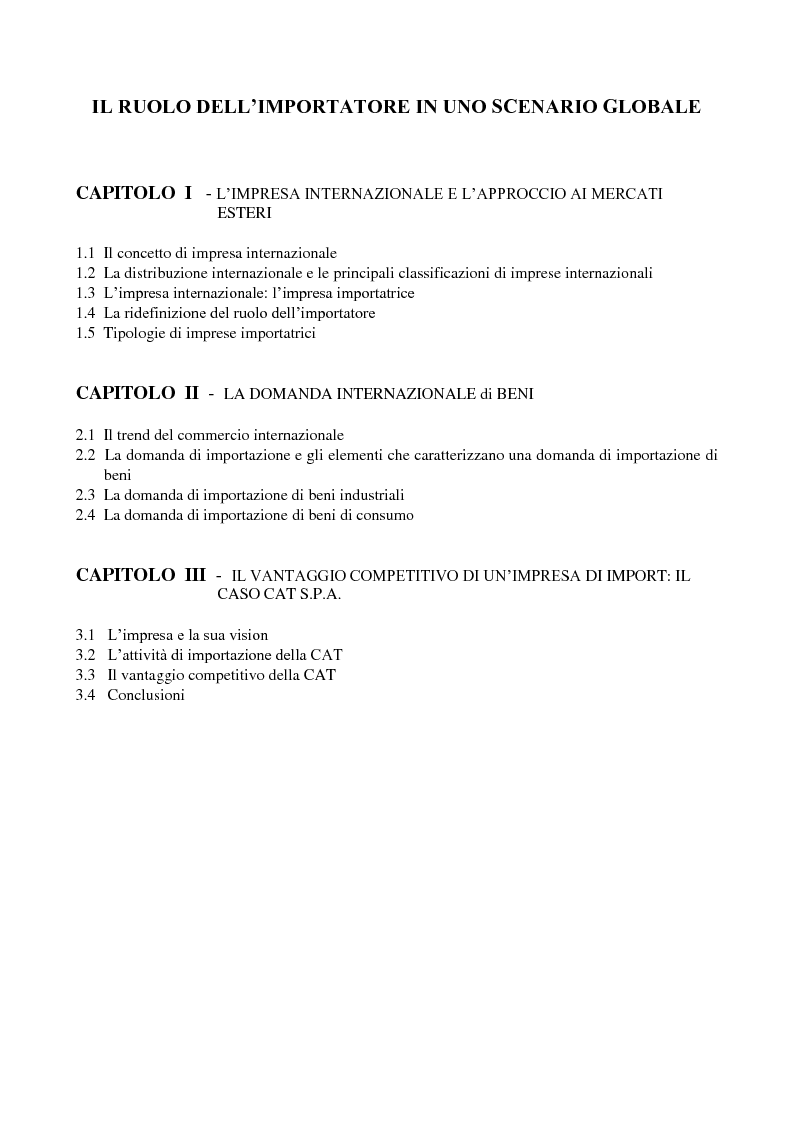 Indice della tesi: Il ruolo dell'importatore in uno scenario globale, Pagina 1