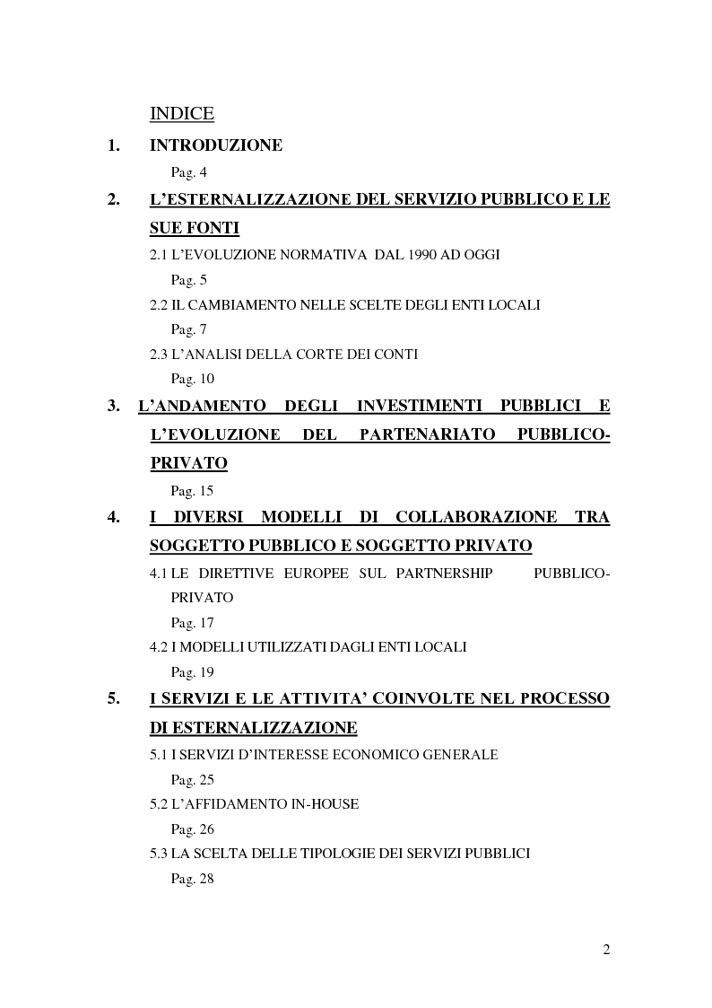 Indice della tesi: L'esternalizzazione del servizio pubblico locale - Gli effetti delle scelte sui bilanci pubblici e le valutazione dei risultati, Pagina 1
