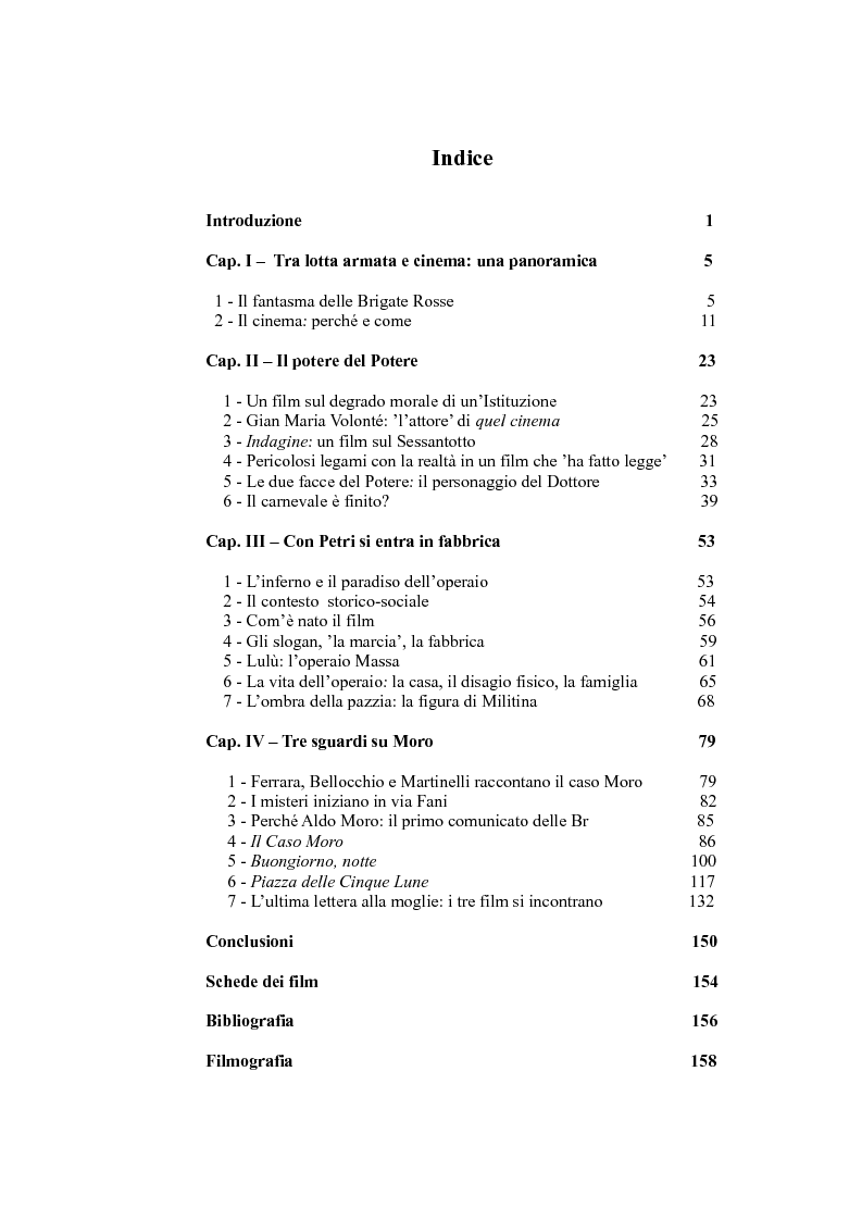 Indice della tesi: Il cinema e la lotta armata in Italia: dalla fabbrica al caso Moro, Pagina 1
