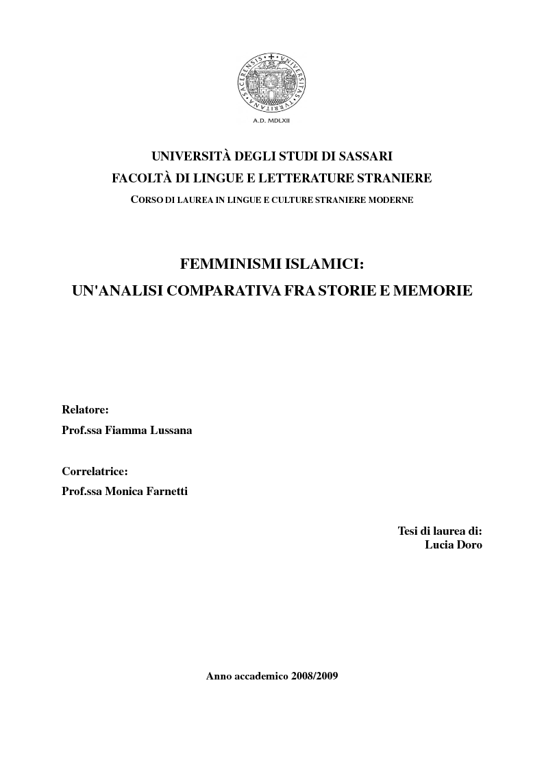 Anteprima della tesi: Femminismi Islamici: una tesi comparativa tra storie e memorie., Pagina 1