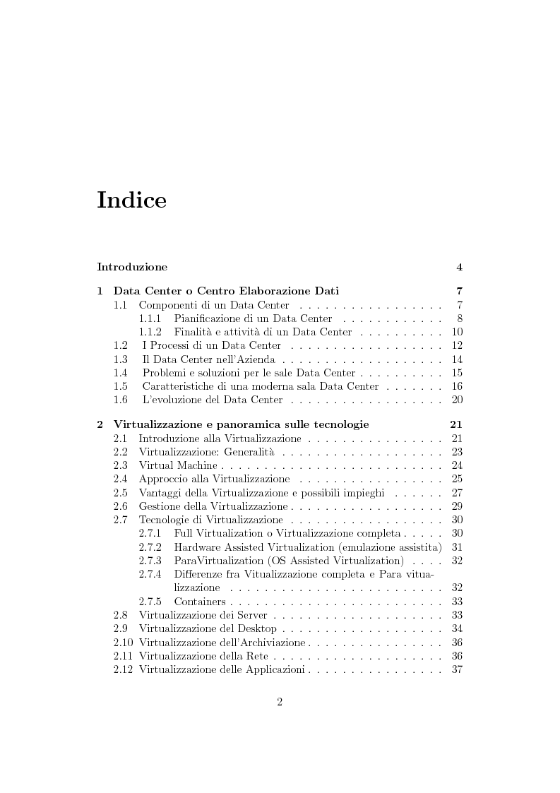 Indice della tesi: Virtualizzazione e ottimizzazione di risorse in un data center di una grande organizzazione, Pagina 1