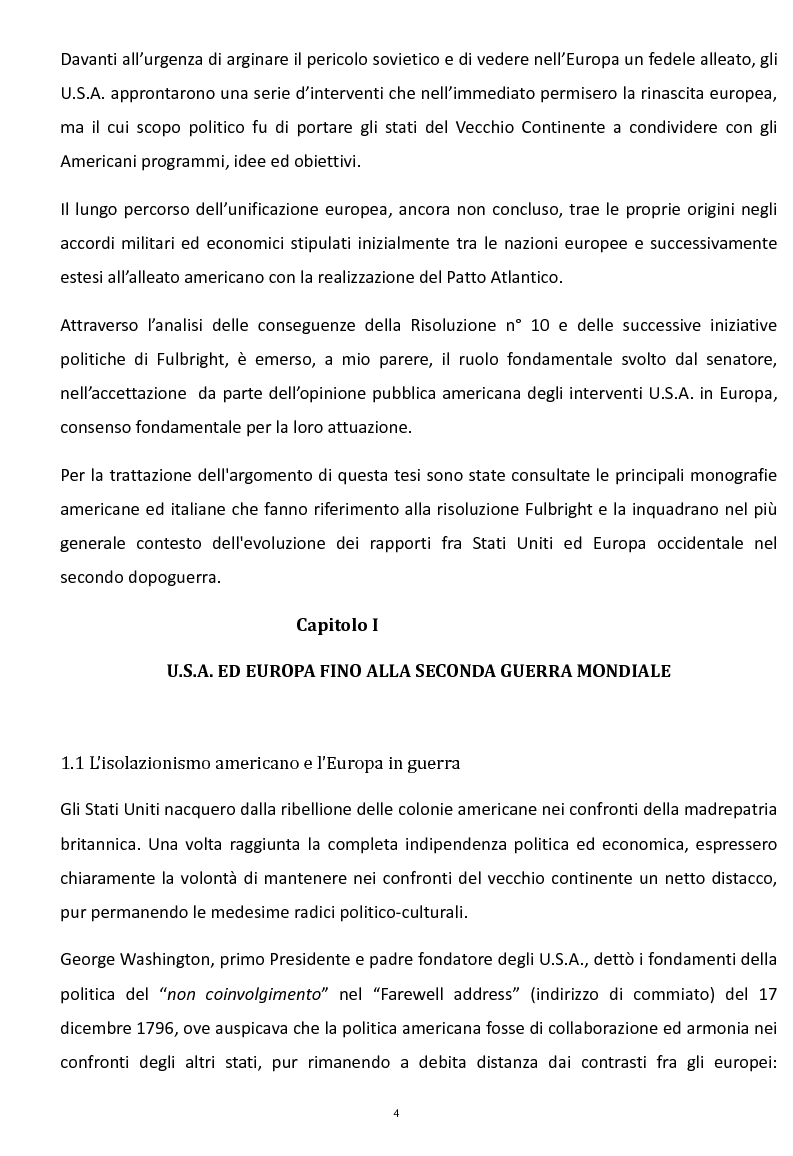 Anteprima della tesi: La Risoluzione Fulbright per gli Stati Uniti d'Europa. La visione americana dell'Europa dopo il secondo conflitto mondiale, Pagina 2