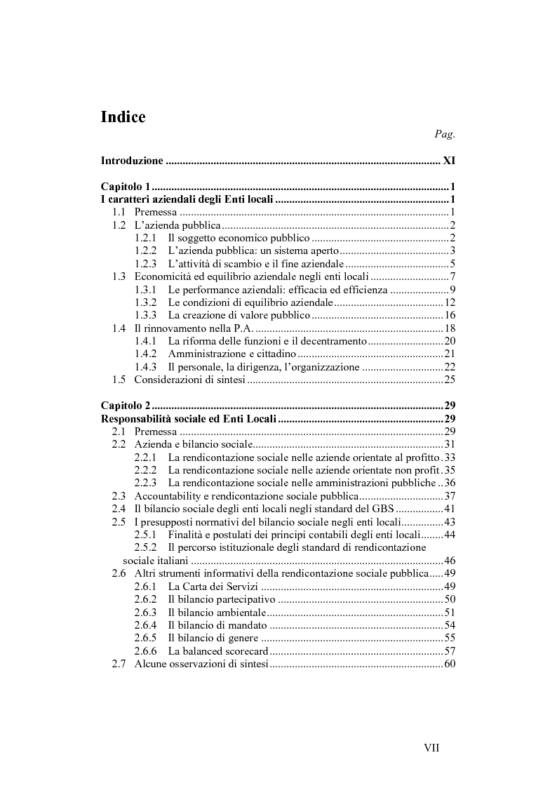 Indice della tesi: Il Bilancio sociale negli enti locali. Esperienze a confronto., Pagina 1