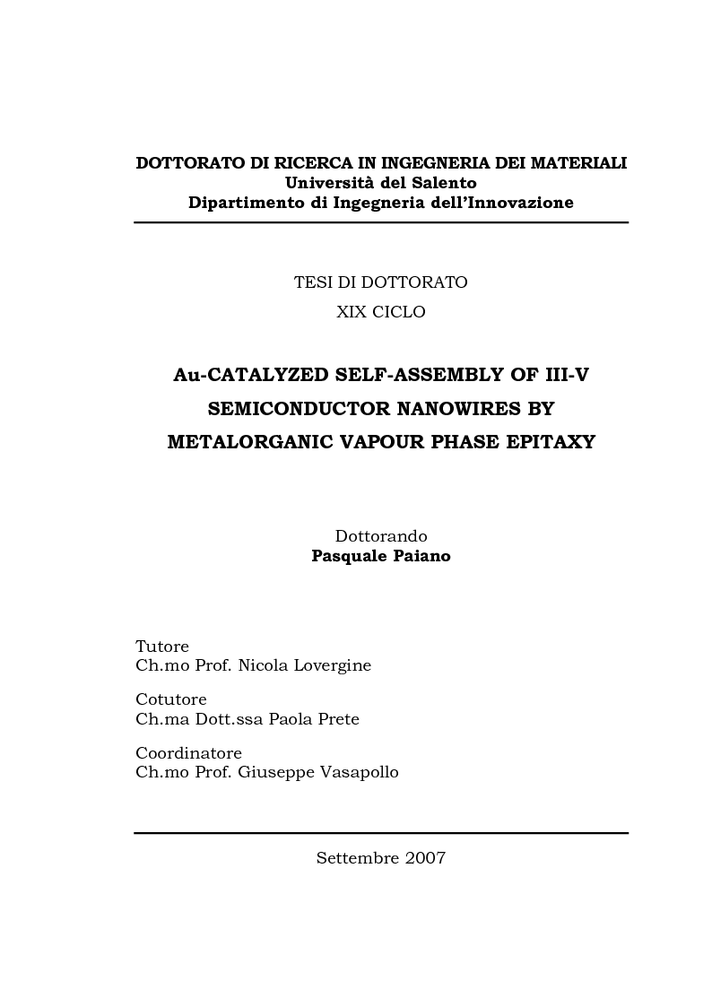 Anteprima della tesi: Au-catalized self-assembly of III-V semiconductor nanowires by metalorganic vapour phase epitaxy, Pagina 1