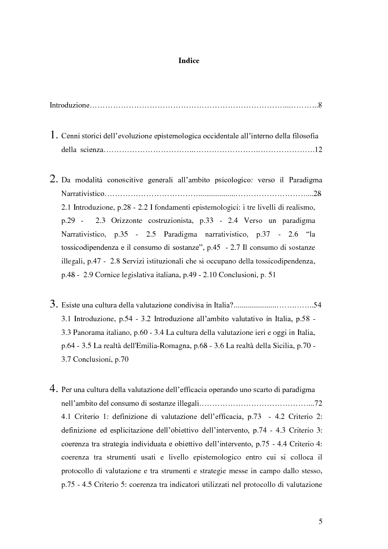 Indice della tesi: Rilievi epistemologici e metodologici della valutazione dell’efficacia in ambito socio-sanitario e una ricerca empirica in Sert di due regioni italiane, Pagina 1