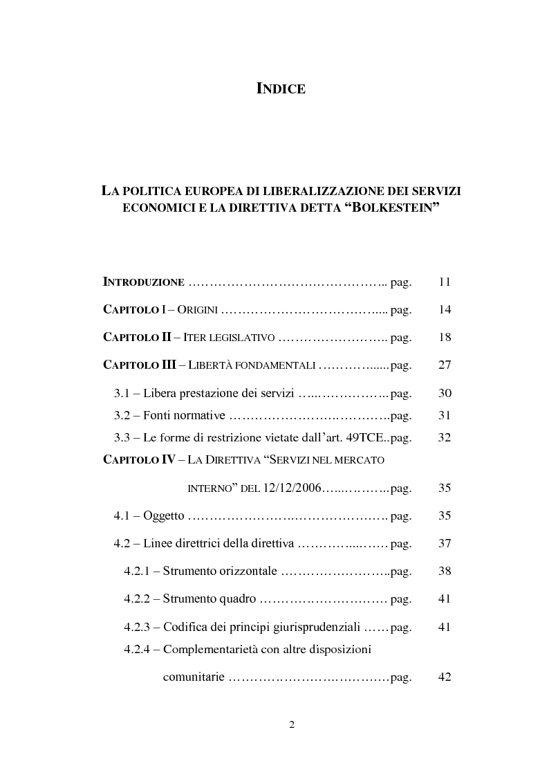 Indice della tesi: La politica europea di liberalizzazione dei servizi economici e la direttiva detta ''Bolkestein'', Pagina 1