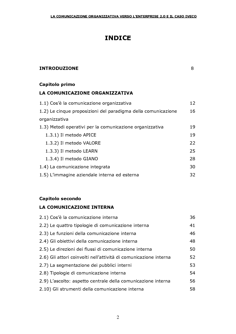 Indice della tesi: La comunicazione organizzativa verso l'Enterprise 2.0 e il caso Iveco, Pagina 1
