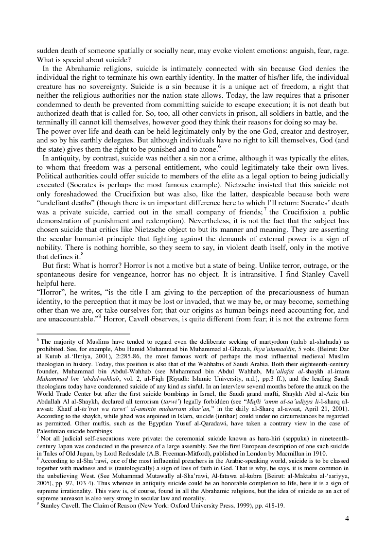 Anteprima della tesi: Traduzione e commento di ''Horror at Suicide Terrorism'' dal saggio di Talal Asad ''On Suicide Bombing'', Pagina 4