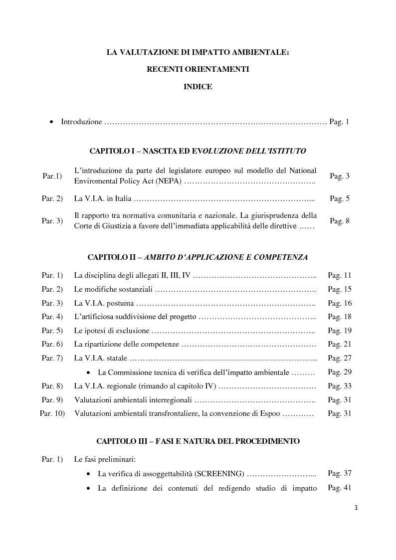 Indice della tesi: La Valutazione d'Impatto Ambientale dopo il d.lgs. 4/2008 - Un nuovo tentativo di armonizzare sviluppo economico e tutela ambientale, Pagina 1