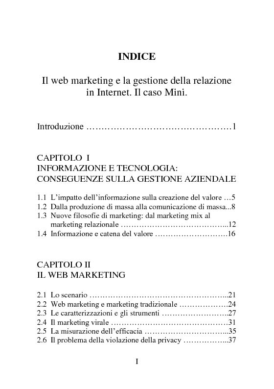 Indice della tesi: Il web marketing e la gestione della relazione in Internet. Il caso Mini., Pagina 1