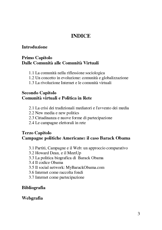 Indice della tesi: Comunità virtuali e politica: il caso Barack Obama, Pagina 1