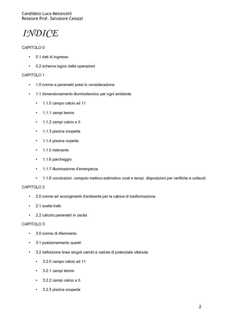 Indice della tesi: Design of the Electrical and Lighting systems of a sport centre: planning and management, Pagina 1