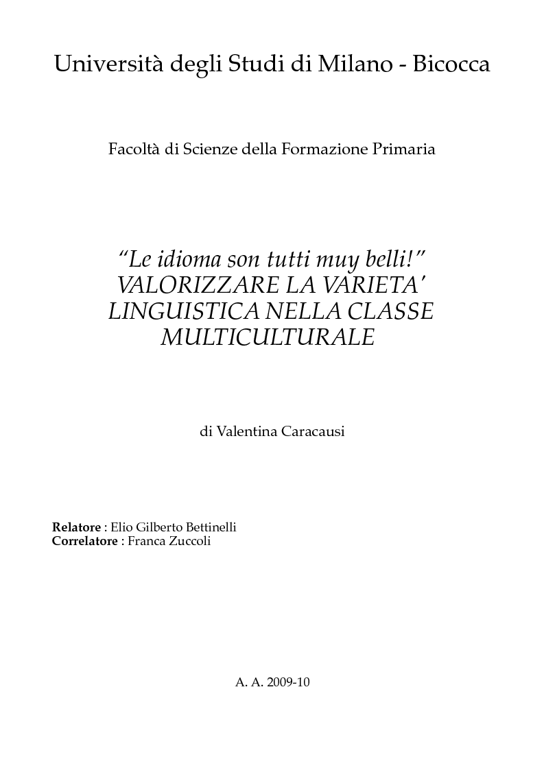 Anteprima della tesi: Valorizzare la varietà linguistica nella classe multiculturale, Pagina 1