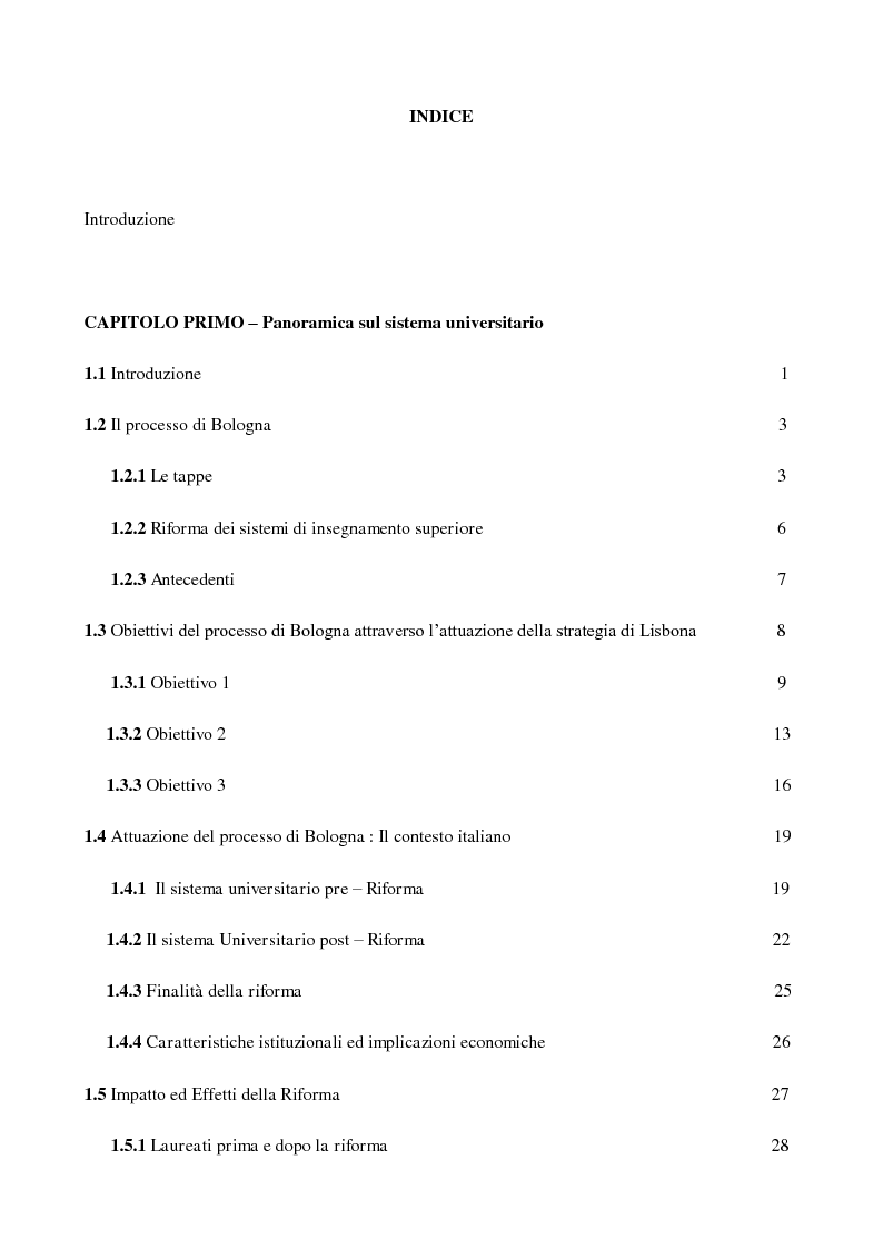 Indice della tesi: Accesso all'istruzione terziaria dopo il processo di Bologna, Pagina 1